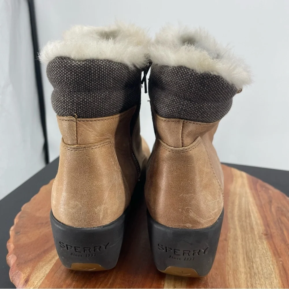 Sperry Luca Peak Tan brown suede leather fur lined wedge hiking‎ boot Sz 10